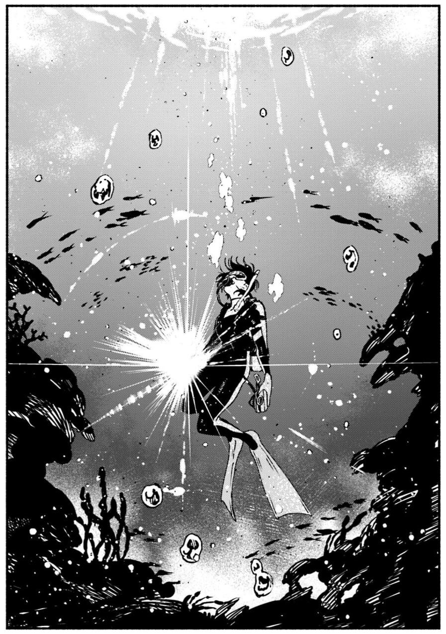 manga panel from yoru to umi of aya in scuba gear swimming towards the surface of the ocean